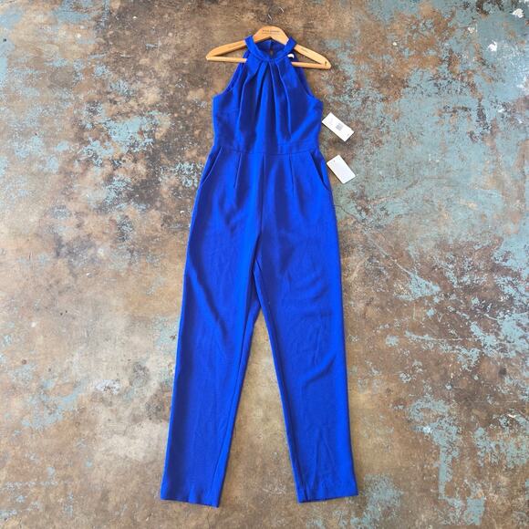 Julia Jordan Royal Blue High Neck Jumpsuit Size 2 NWT Crepe Pockets Ankle Length - Picture 2 of 10